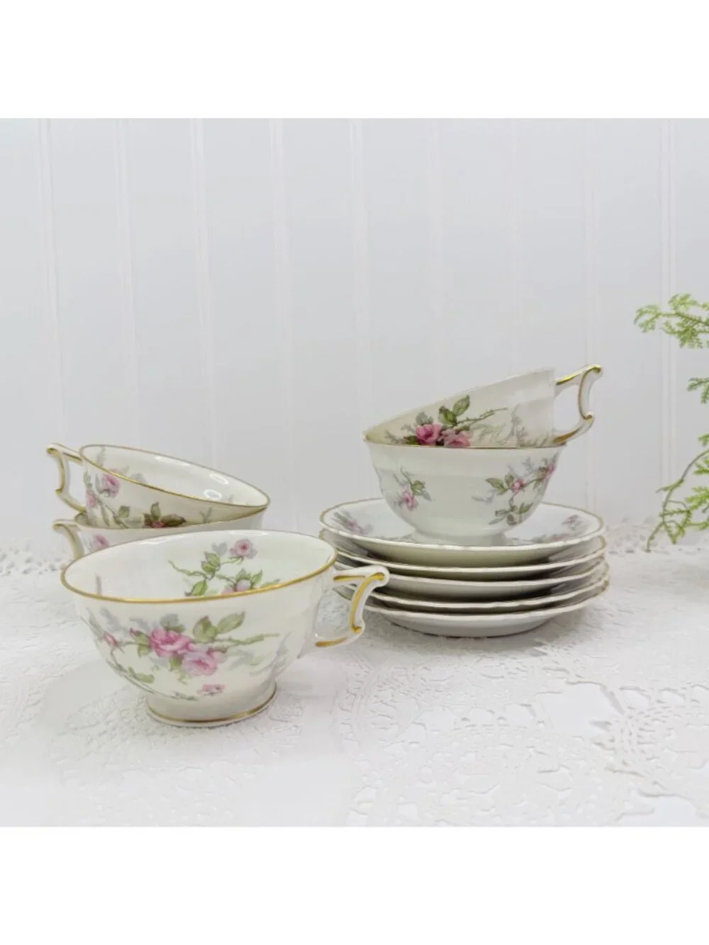 VTG Set of 5 Haviland Limoges Sylvia Teacups & Saucers Pink Roses Cottagecore